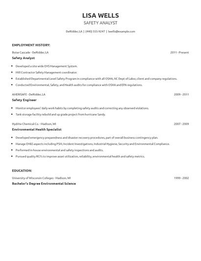 Safety Analyst Resume