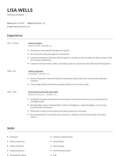 Safety Analyst Resume