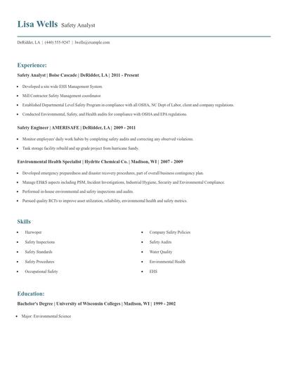 Safety Analyst Resume