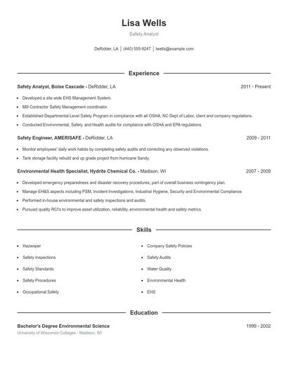 Safety Analyst Resume