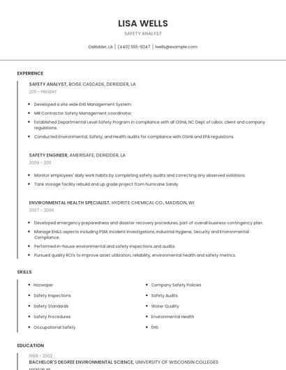 Safety Analyst Resume
