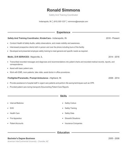 Safety And Training Coordinator Resume