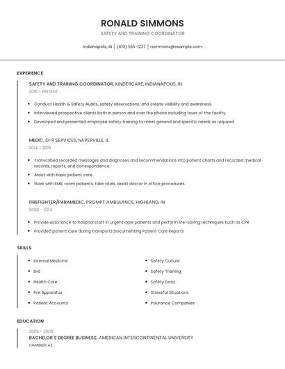 Safety And Training Coordinator Resume