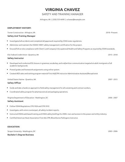 Safety And Training Manager Resume