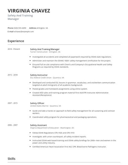 Safety And Training Manager Resume