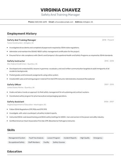 Safety And Training Manager Resume