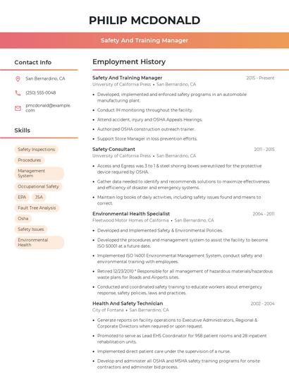 Safety And Training Manager Resume