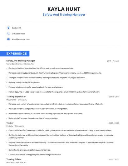 Safety And Training Manager Resume