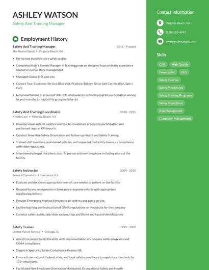 Safety And Training Manager Resume
