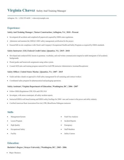 Safety And Training Manager Resume