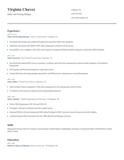 Safety And Training Manager Resume