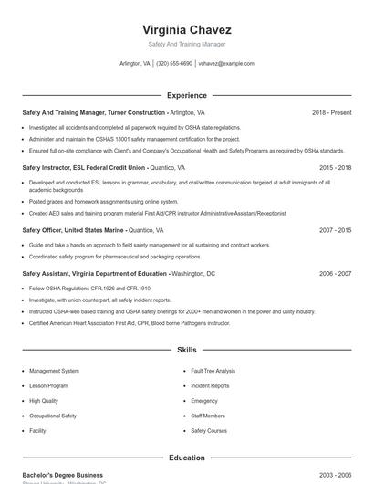 Safety And Training Manager Resume