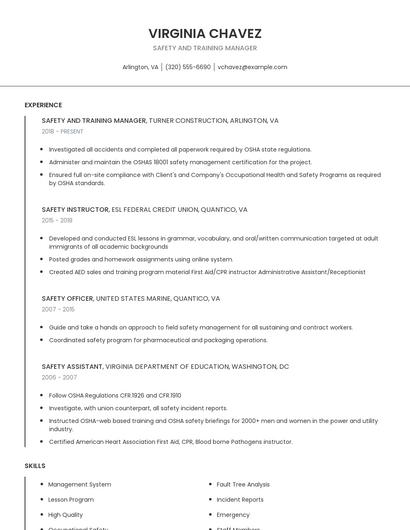 Safety And Training Manager Resume