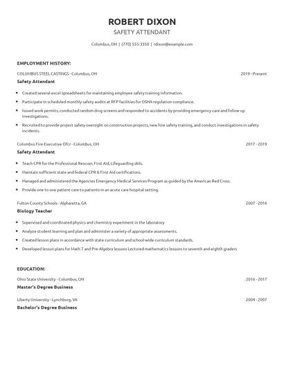 Safety Attendant Resume
