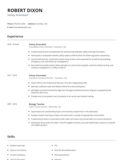 Safety Attendant Resume