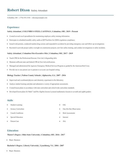 Safety Attendant Resume