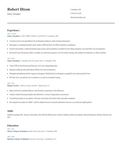Safety Attendant Resume
