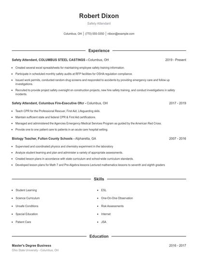 Safety Attendant Resume