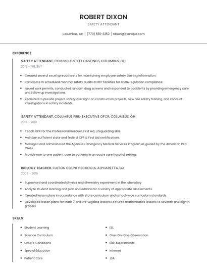 Safety Attendant Resume