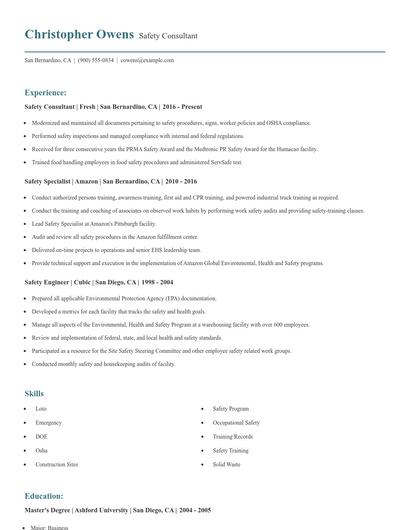 Safety Consultant Resume