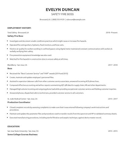 Safety Fire Boss Resume