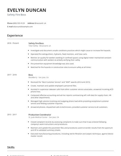 Safety Fire Boss Resume