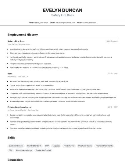 Safety Fire Boss Resume