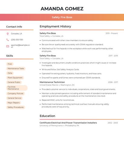 Safety Fire Boss Resume