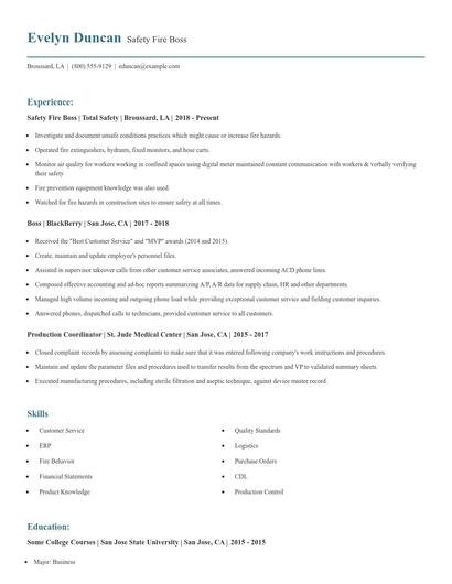 Safety Fire Boss Resume