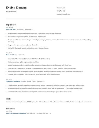 Safety Fire Boss Resume