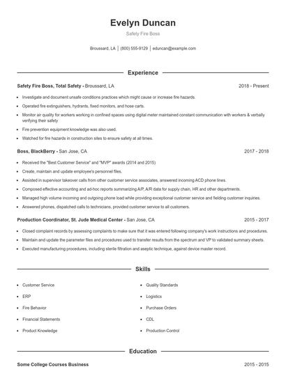 Safety Fire Boss Resume