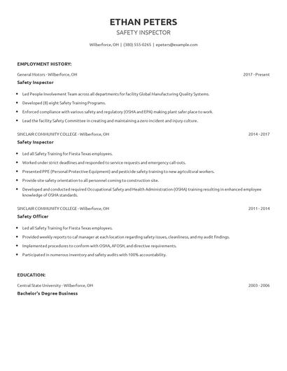Safety Inspector Resume