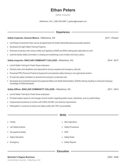 Safety Inspector Resume