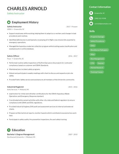 Safety Instructor Resume