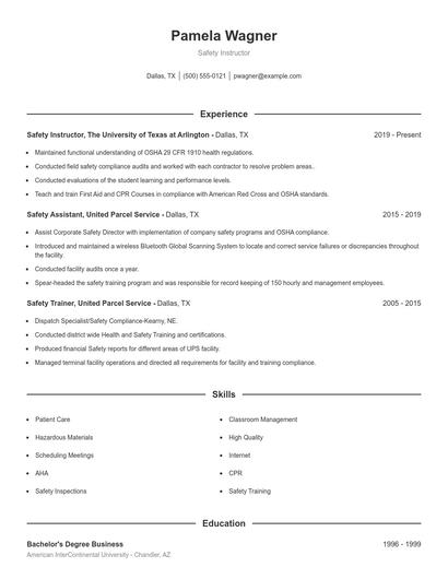 Safety Instructor Resume