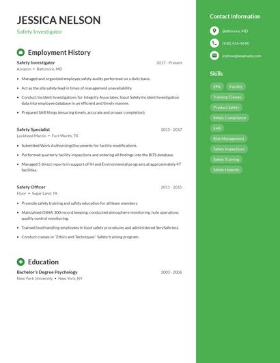 Safety Investigator Resume
