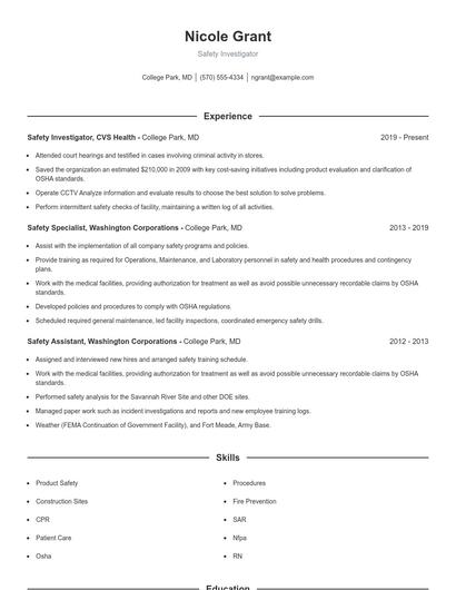 Safety Investigator Resume