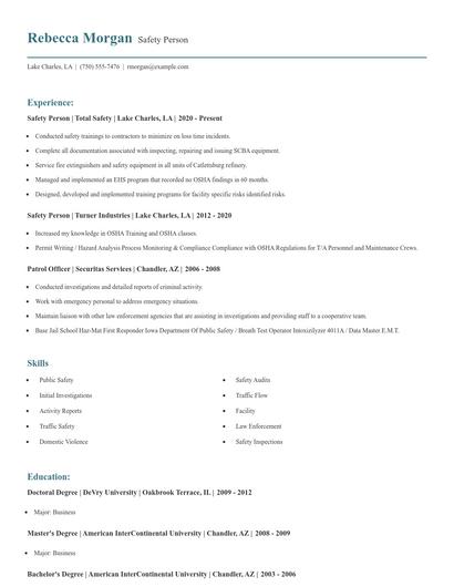 Safety Person Resume