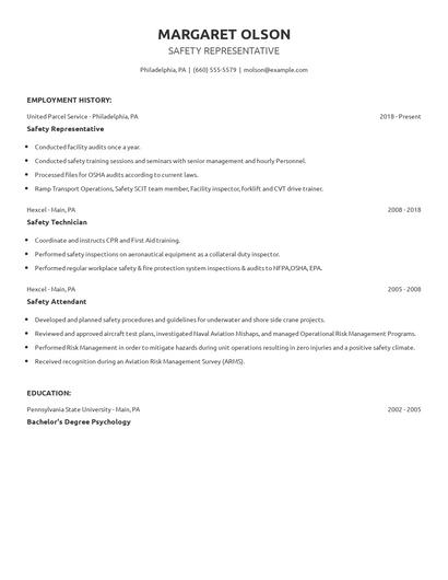 Safety Representative Resume
