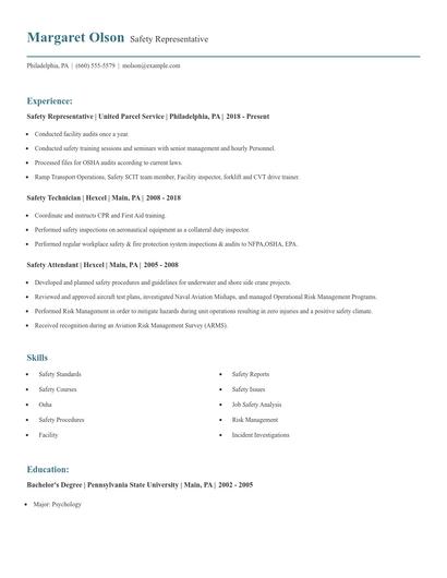 Safety Representative Resume
