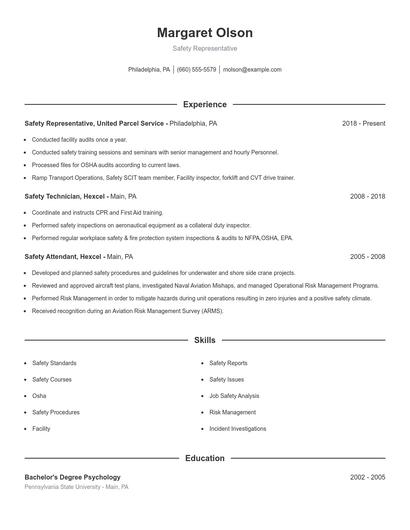 Safety Representative Resume