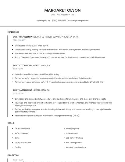 Safety Representative Resume