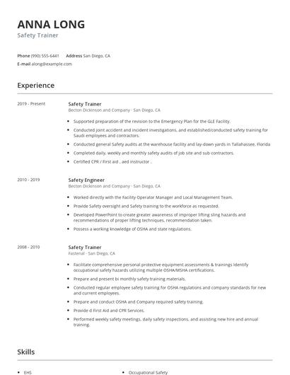 Safety Trainer Resume