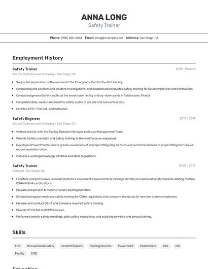 Safety Trainer Resume