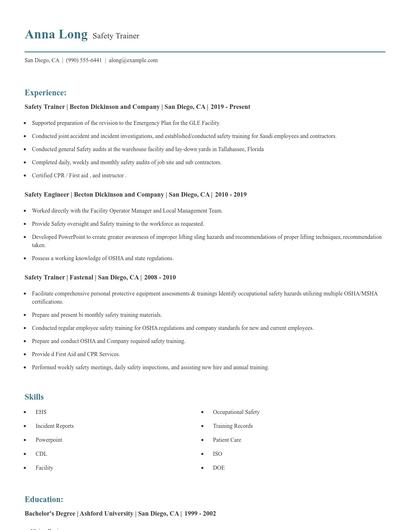 Safety Trainer Resume
