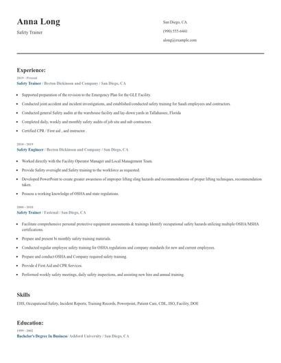 Safety Trainer Resume