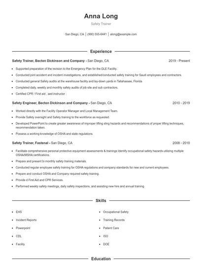 Safety Trainer Resume
