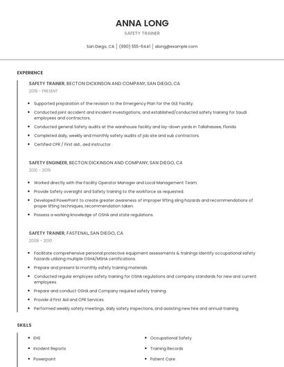 Safety Trainer Resume