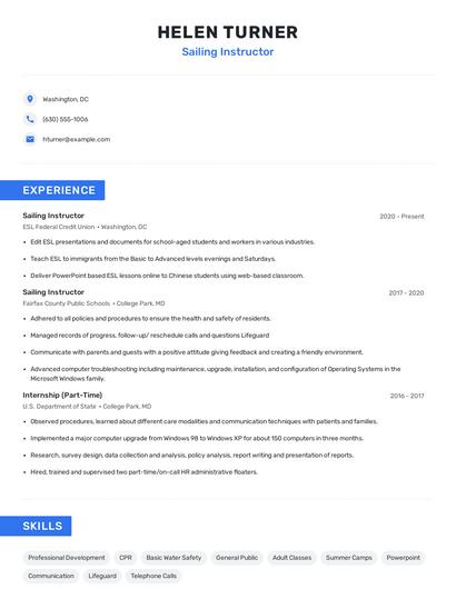 Sailing Instructor Resume