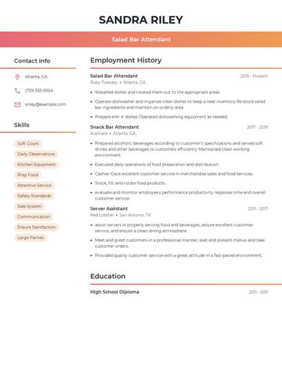 Salad Bar Attendant Resume